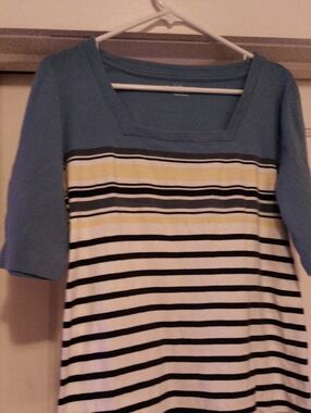 croft & barrow Blue, White and Yellow Striped Square Neck Top